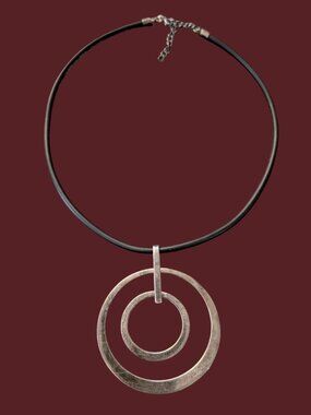 925 Sterling Large Geometric 2.58" Double Circle Pendant Rubber Cord Necklace